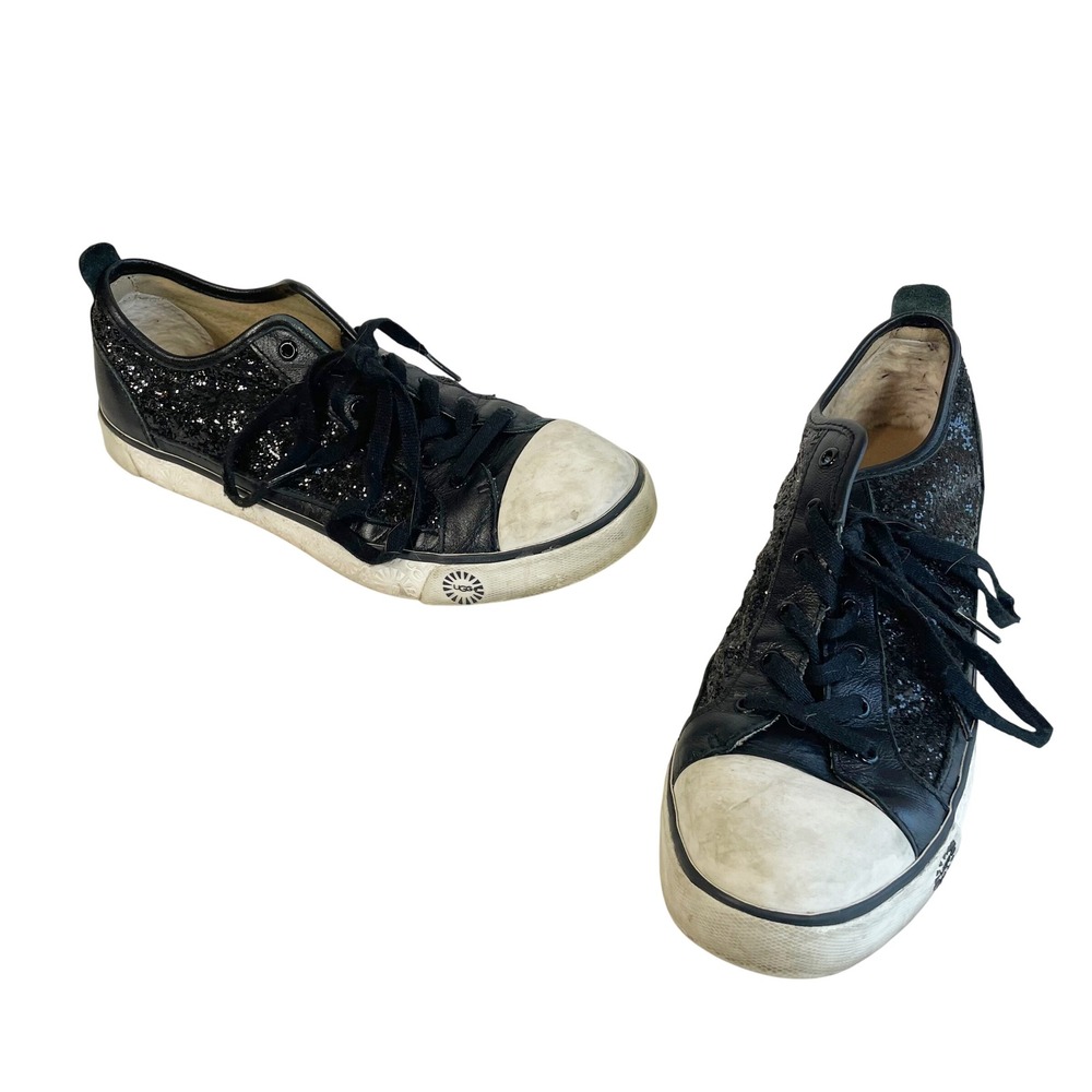 UGG Evera Black Glitter Sneakers Womens 10 Sheepskin Fur Lined Shoes Low Top